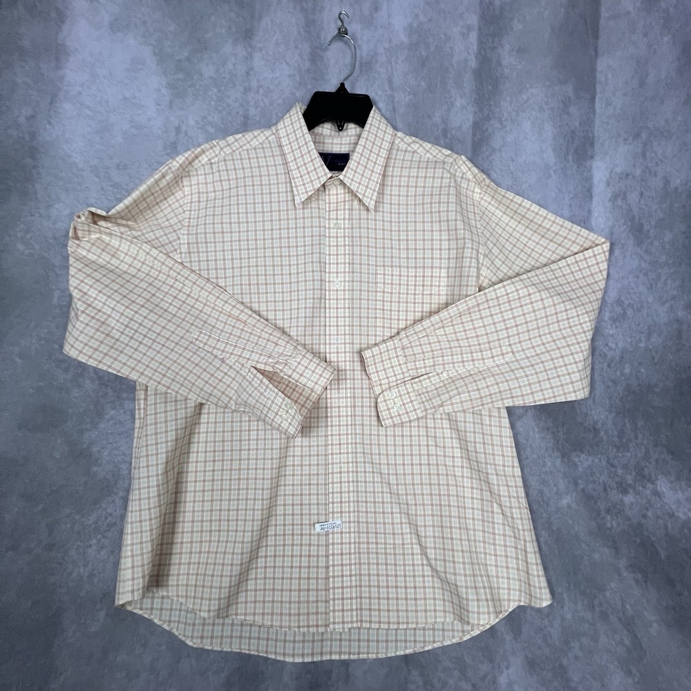 Vineyard Place Shirt Men's XL 100% Cotton Peach Check Long Sleeve Button Shirt